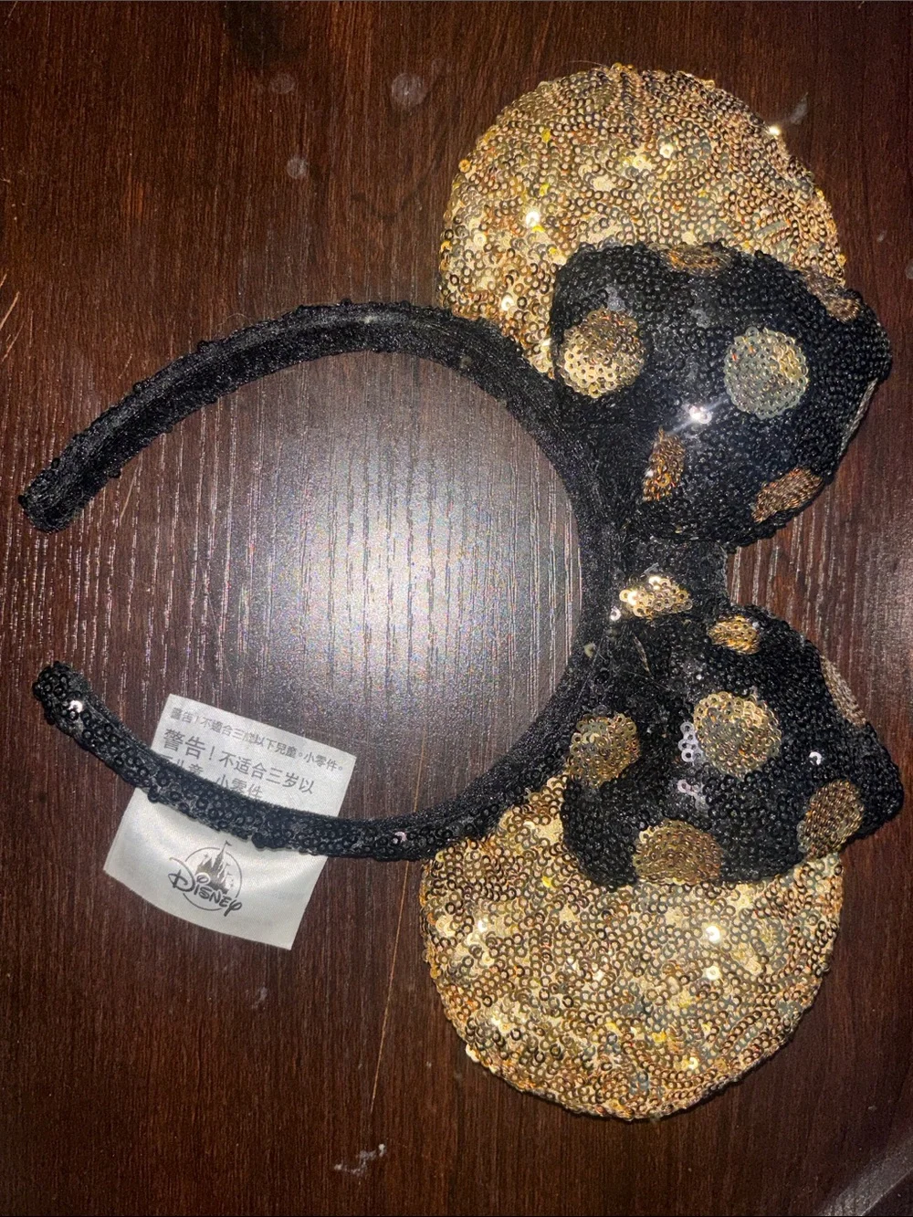 Disney Parks Sequin Minnie Ear Headband - Black & Gold Polka Dot Bow